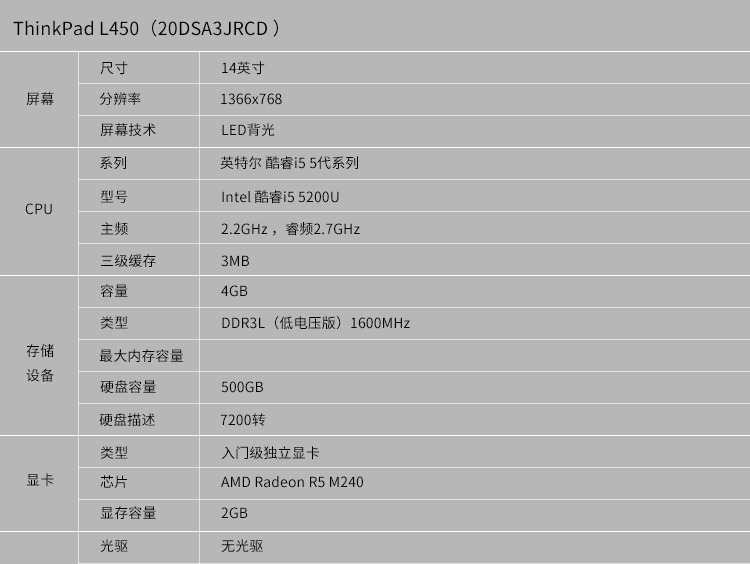 thinkpad l450经典商务办公轻薄本 五代i5